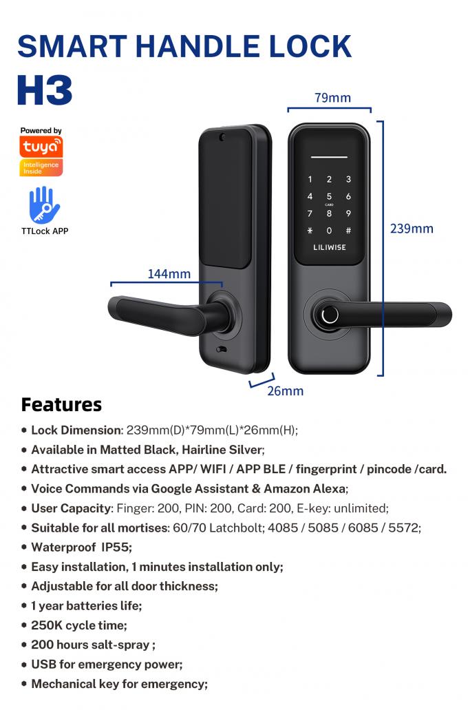 Verschluss hohe Sicherheits-Fingerabdruck Ttlock intelligentes intelligentes Türschloss Tuya WIFI BLE Digital 3