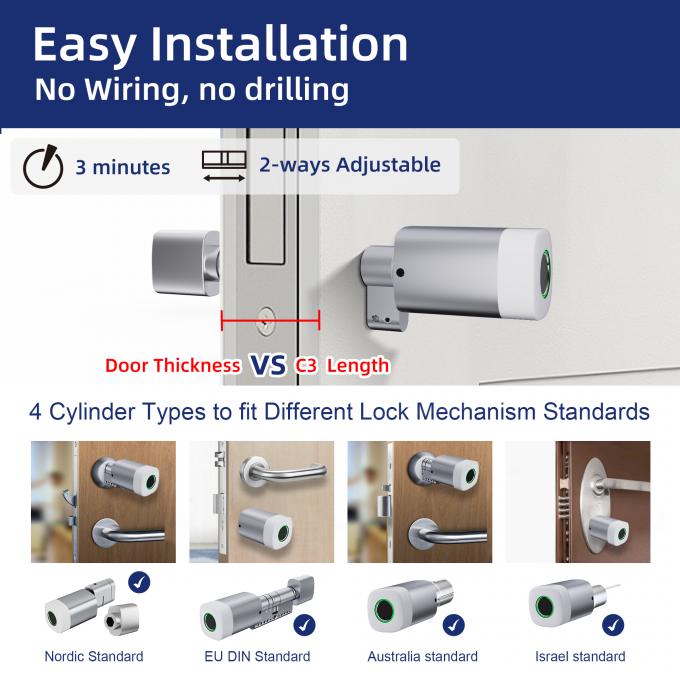 Liliwise Fingerabdruck RFID-Karte Wasserdichtes T&uuml;rschloss Verstellbares WiFi BLE Tuya Ttlock Smart Zylinderschloss zum Ersetzen alter mechanischer 3